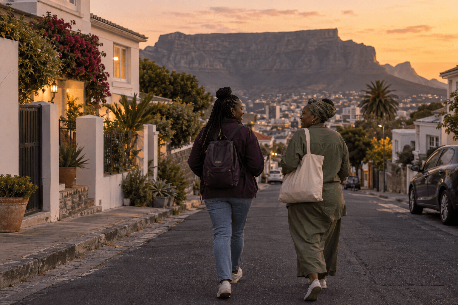 Two neighbours walking together on a Cape Town street at sunset